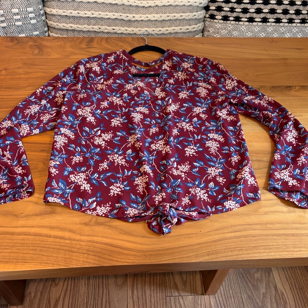 Madewell Floral Tie Front Blouse Womens Medium Burgundy Long Sleeve V-Neck Boho - Picture 4 of 7